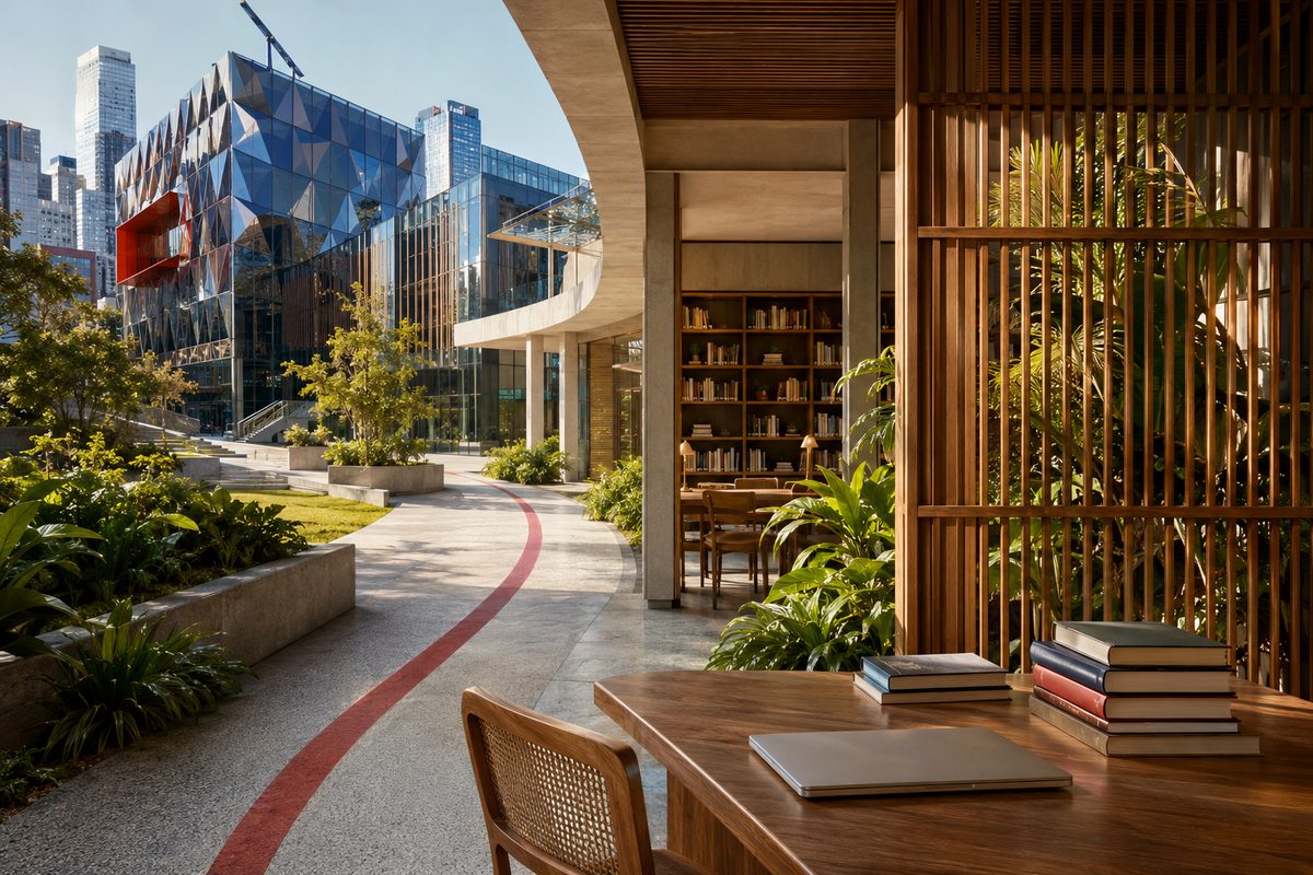 An RMIT campus walkway beside a study space with bookshelves and planting