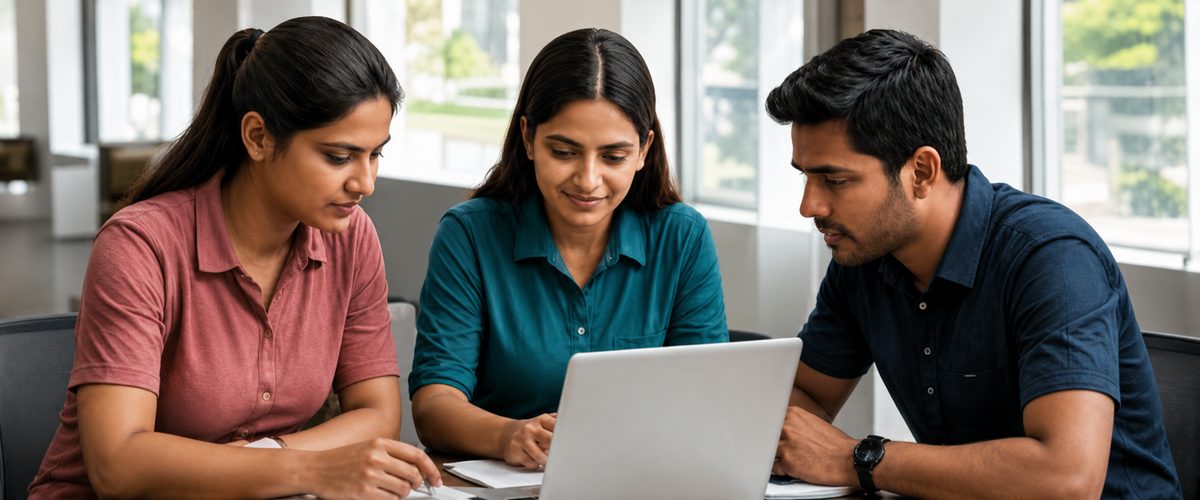 Three students working together at a laptop
