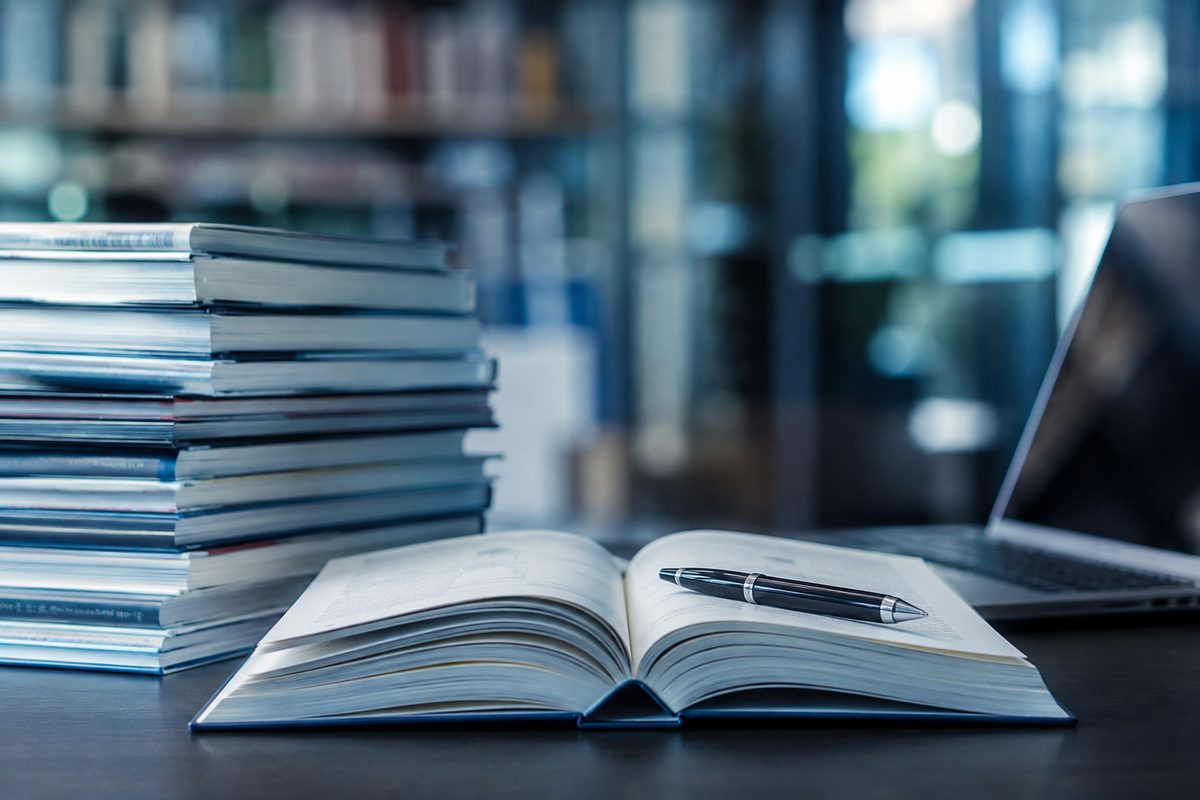 Bound journals and an open publication on a desk