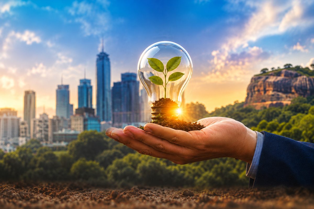 A young plant held above a city skyline at sunrise