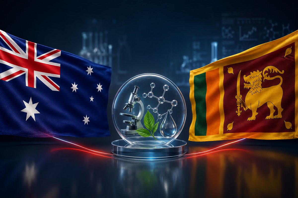 Australian and Sri Lankan flags with laboratory research imagery